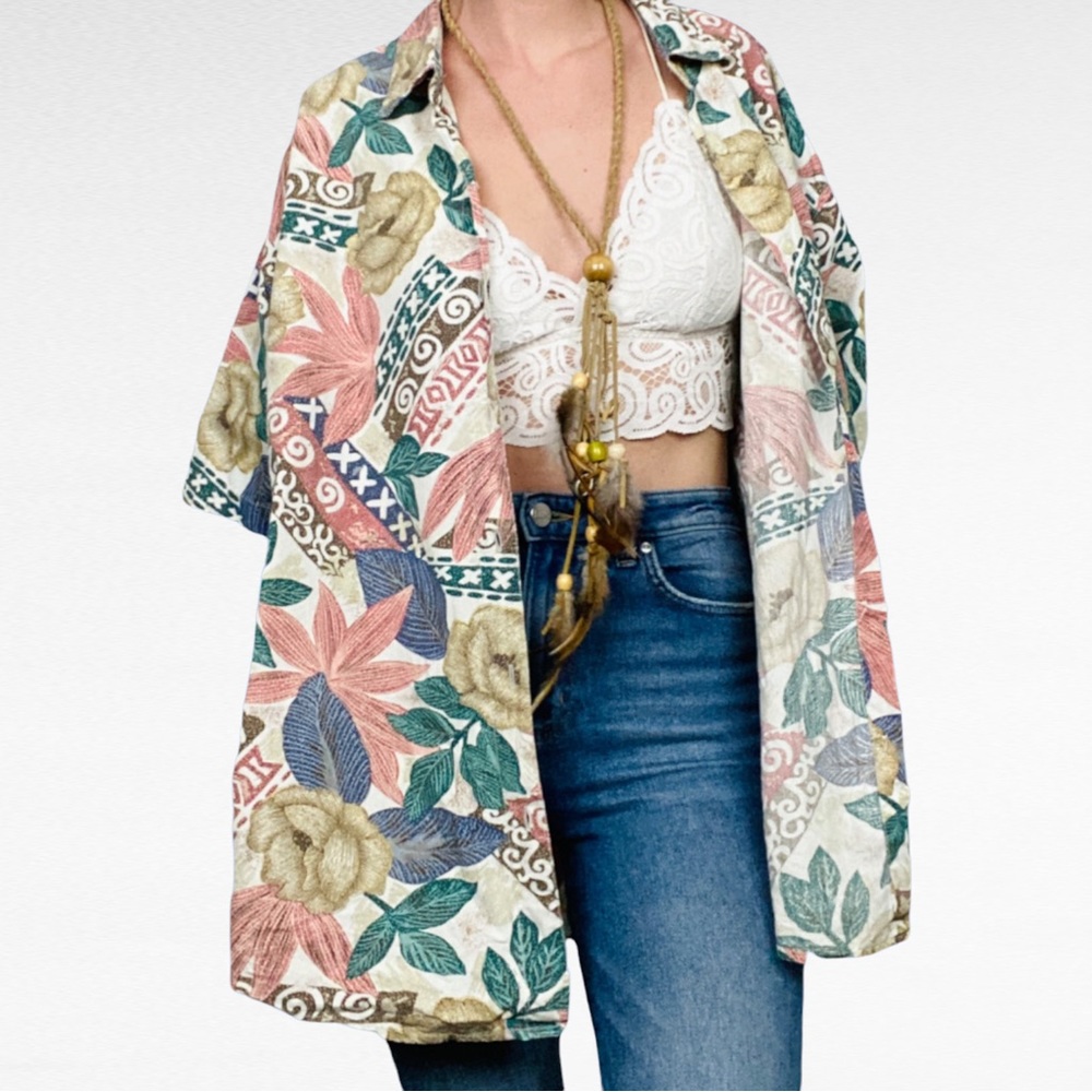 VINTAGE | 80’s Basic Editions Tropical Tribal Print Plus Size Button Down Shirt